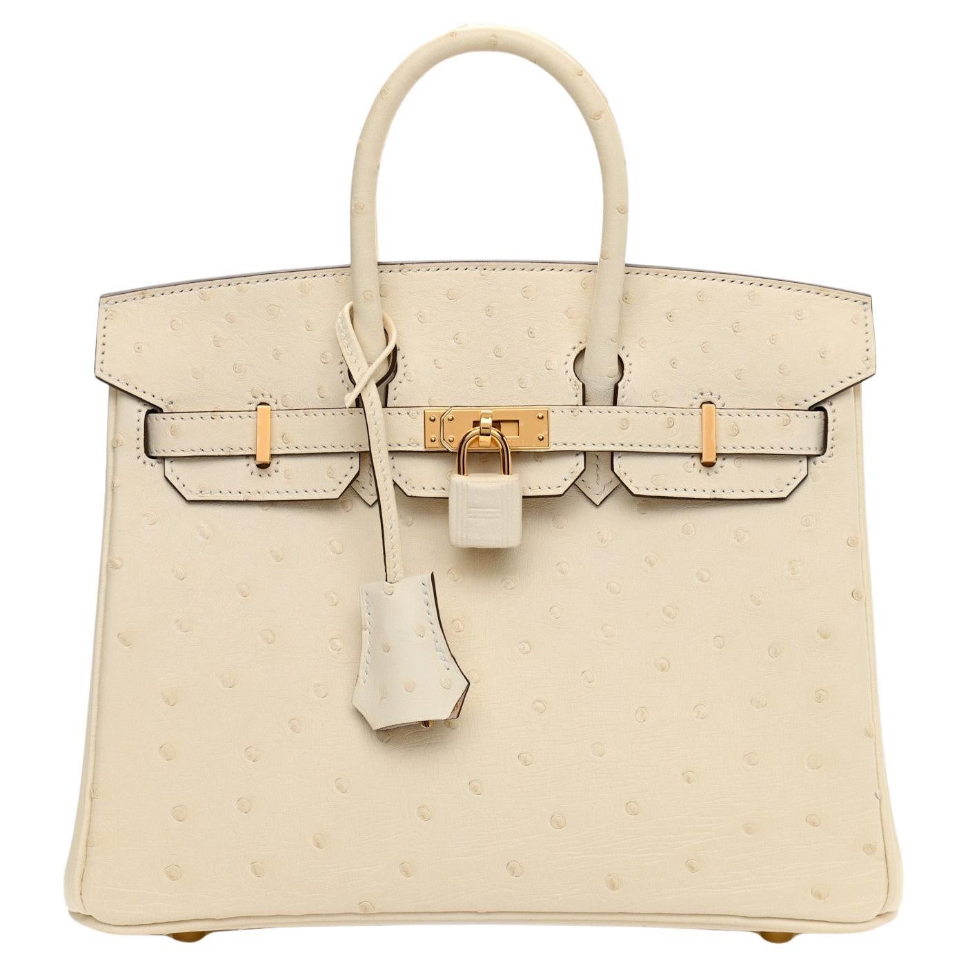 HERMES NEW Birkin 25 Ivory Cream Exotic Ostrich Gold Top Handle Tote Bag