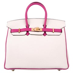 Hermes NEW Birkin 25 Ivory Pink Leather Gold Top Handle Satchel Tote Bag in Box 
