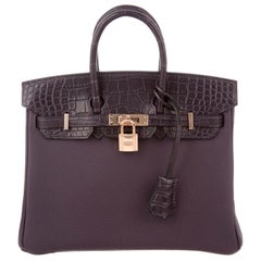 Hermes NEW Birkin 25 Purple Alligator Exotic Rose Top Handle Tote Shoulder Bag 