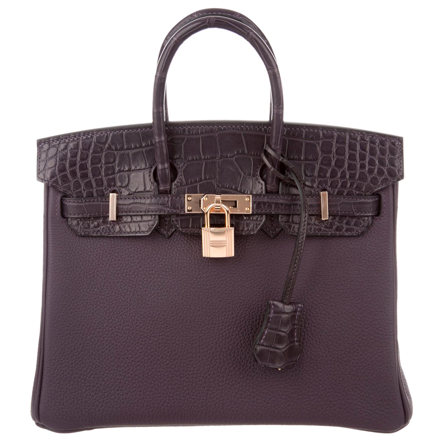 Hermes NEW Birkin 25 Purple Leather Alligator Top Handle Tote Shoulder Bag