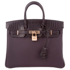 Hermes NEU Birkin 25 Lila Leder Alligator Top Handle Tote Umhängetasche