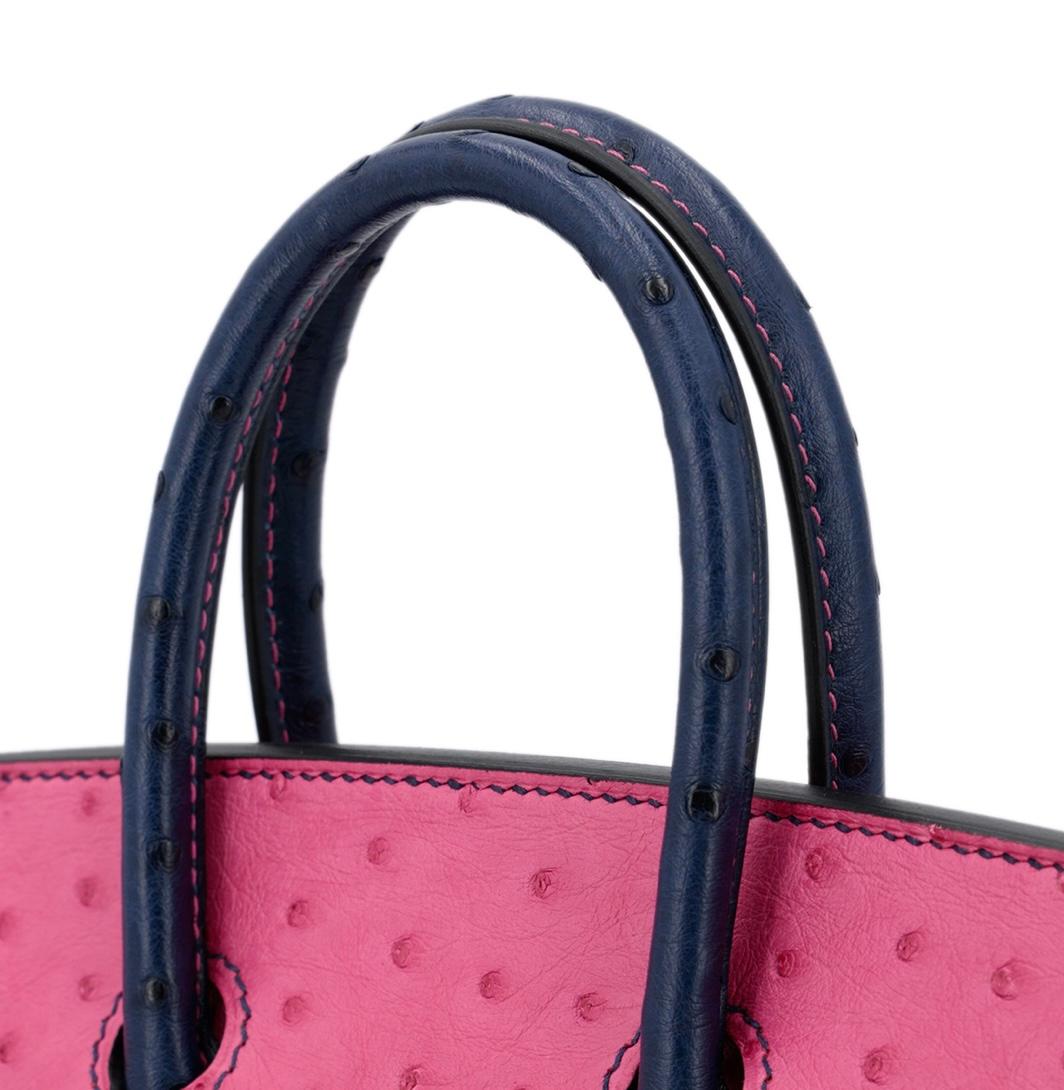 Women's HERMES NEW Birkin 25 Special Order Blue Pink Ostrich Exotic Rose Gold Tote Bag