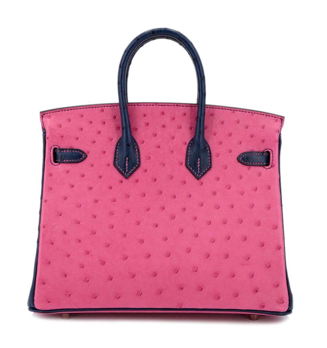 HERMES NEW Birkin 25 Special Order Blue Pink Ostrich Exotic Rose Gold Tote Bag 1