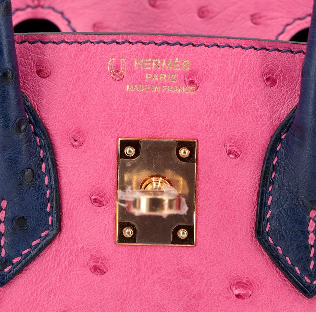 HERMES NEW Birkin 25 Special Order Blue Pink Ostrich Exotic Rose Gold Tote Bag 4