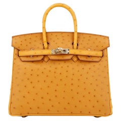 HERMES NEW Birkin 25 Special Order Mustard Ostrich Exotic Gold Tote Bag