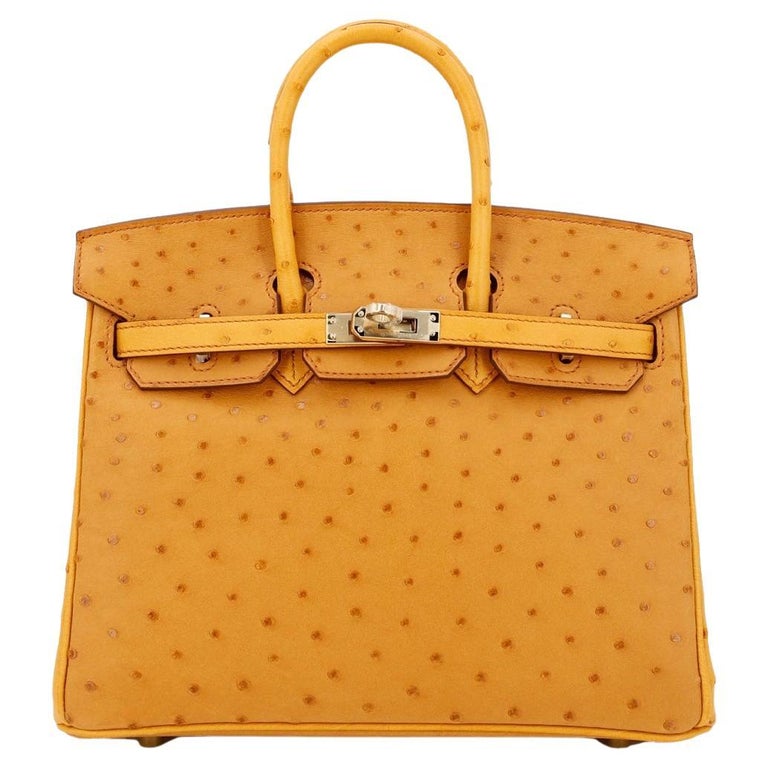 HERMES NEW Birkin 25 Special Order Mustard Ostrich Exotic Gold Tote Bag