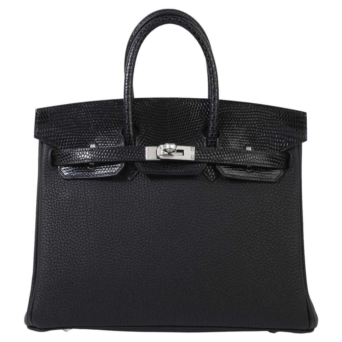 HERMÈS NEW Birkin 25 Touch Black Lizard Exotic Togo Leather Top Handle Tote Bag