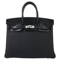 HERMÈS NEW Birkin 25 Touch Black Lizard Exotic Togo Leather Top Handle Tote Bag