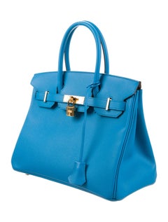Hermes NEW Birkin 30 Aqua Blue Leather Gold Top Handle Satchel Tote Bag