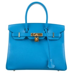 Hermes NEW Birkin 30 Aqua Blue Leather Gold Top Handle Satchel Tote Bag