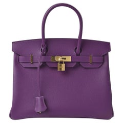 HERMÈS NEW Birkin 30 Epsom Leather Purple Gold Top Handle Tote Bag