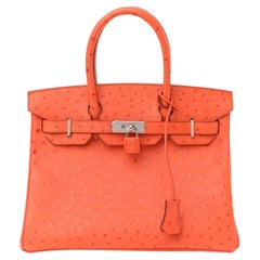 HERMÈS NOUVEAU Sac cabas Birkin 30 orange en autruche exotique avec poignée supérieure en palladium