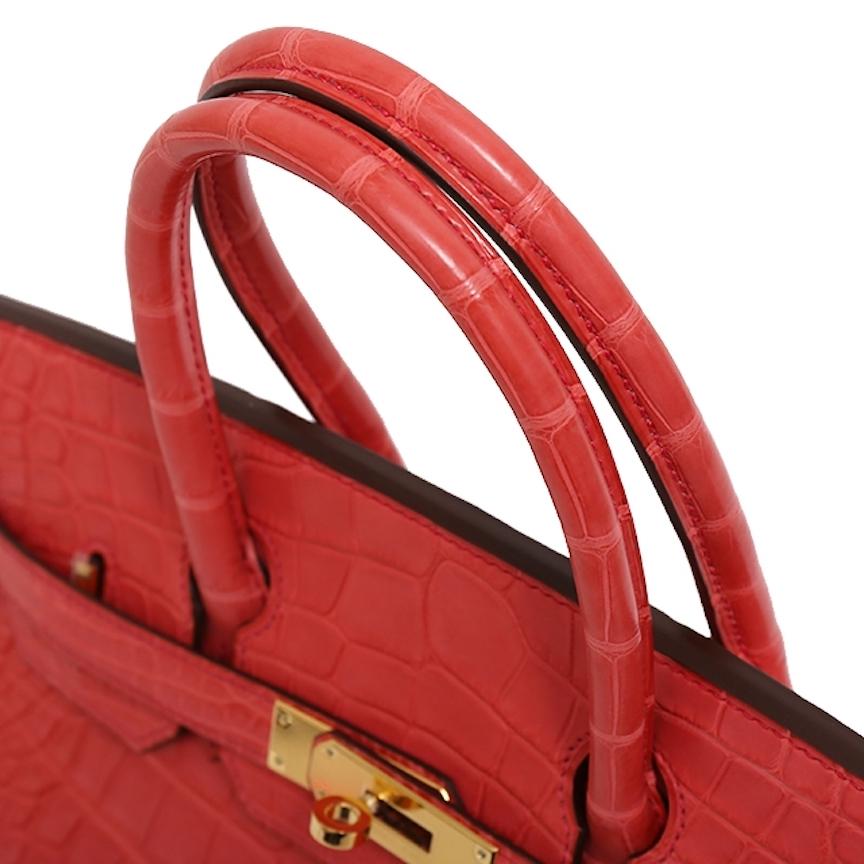 Women's Hermes NEW Birkin 30 Pink Red Alligator Exotic Gold Top Handle Satchel Tote Bag