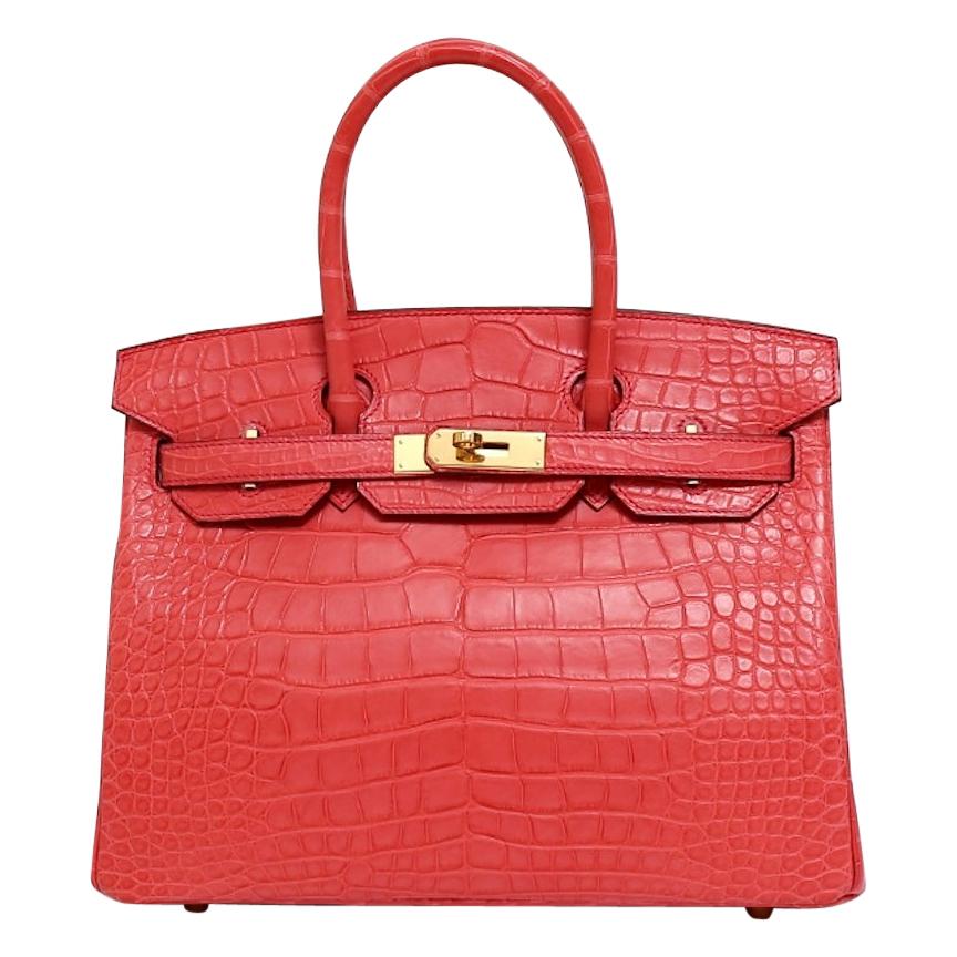 Hermes NEW Birkin 30 Pink Red Alligator Exotic Gold Top Handle Satchel Tote Bag