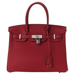 HERMES NEW Birkin 30 Red Rouge Leather Palladium Top Handle Satchel Tote Bag