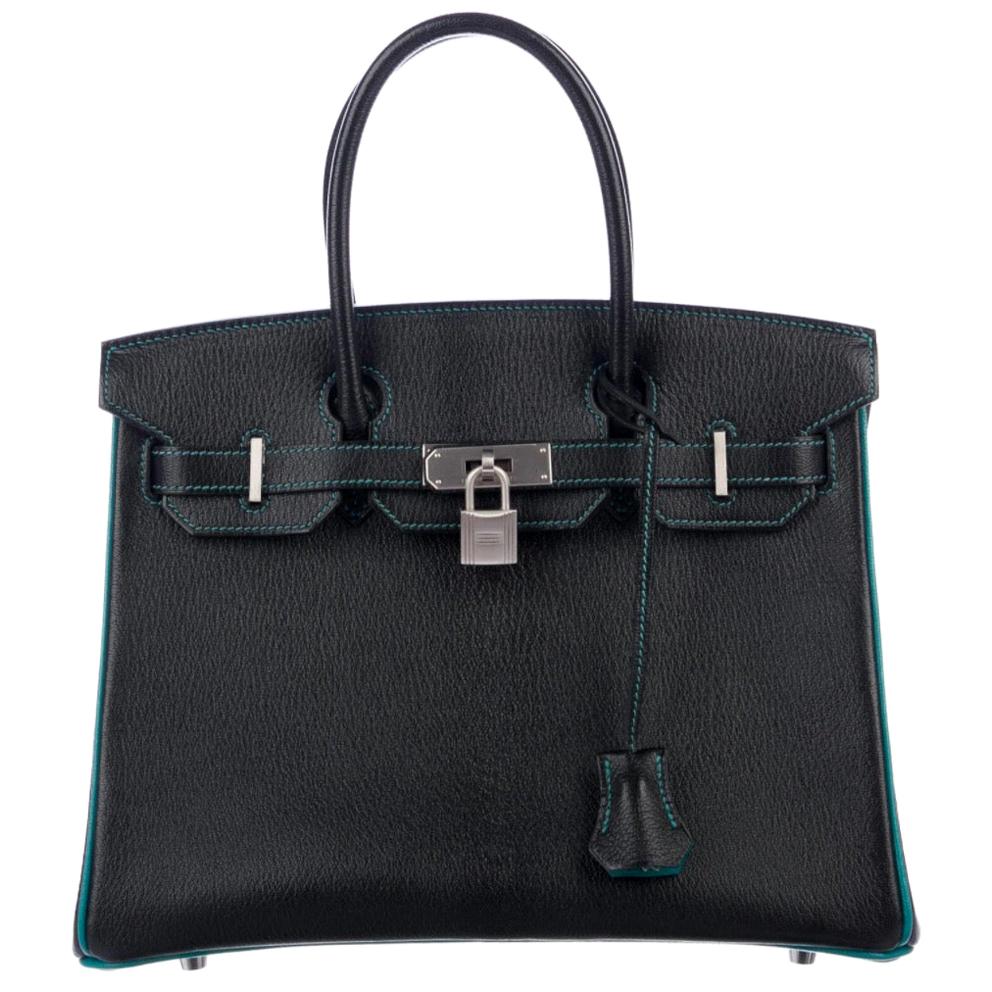 Hermes NEW Birkin 30 Special Black Teal Green Top Handle Satchel Tote Bag in Box