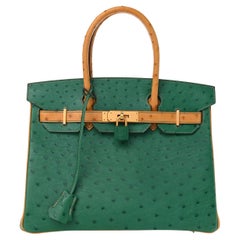 HERMÈS NOUVEAU Sac cabas Birkin 30 à poignée supérieure en autruche exotique vert brun clair avec finitions dorées