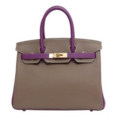 Hermes NEW Birkin 30 Taupe Purple Leather Gold Top Handle Satchel Tote Bag