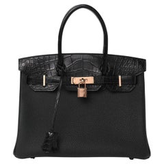 NOUVEAU Sac fourre-tout Birkin 30 Touch en alligator exotique noir et or rose