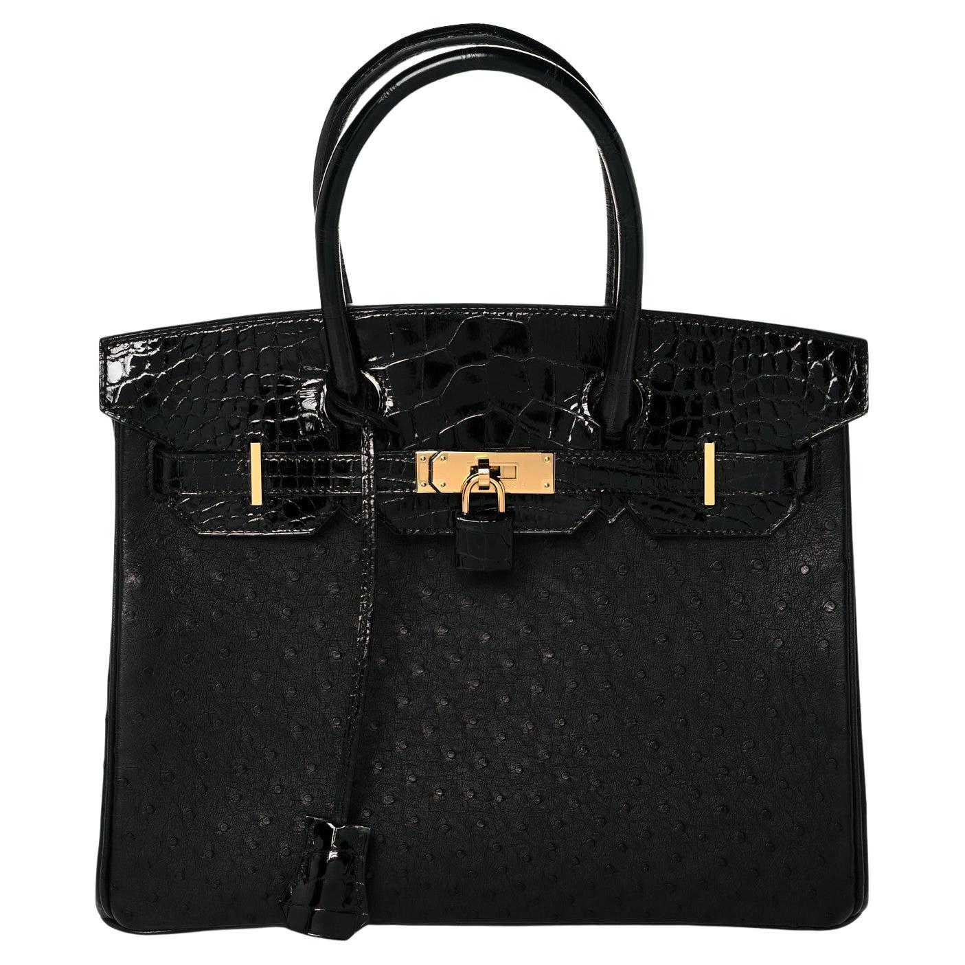 HERMES NEW Birkin 30 Touch Black Ostrich Shiny Alligator Exotic Gold Tote  Bag For Sale at 1stDibs