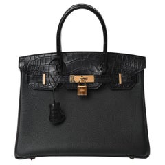 HERMES NEW Birkin 30 Touch Black Matte Alligator Exotic Gold Tote Bag 