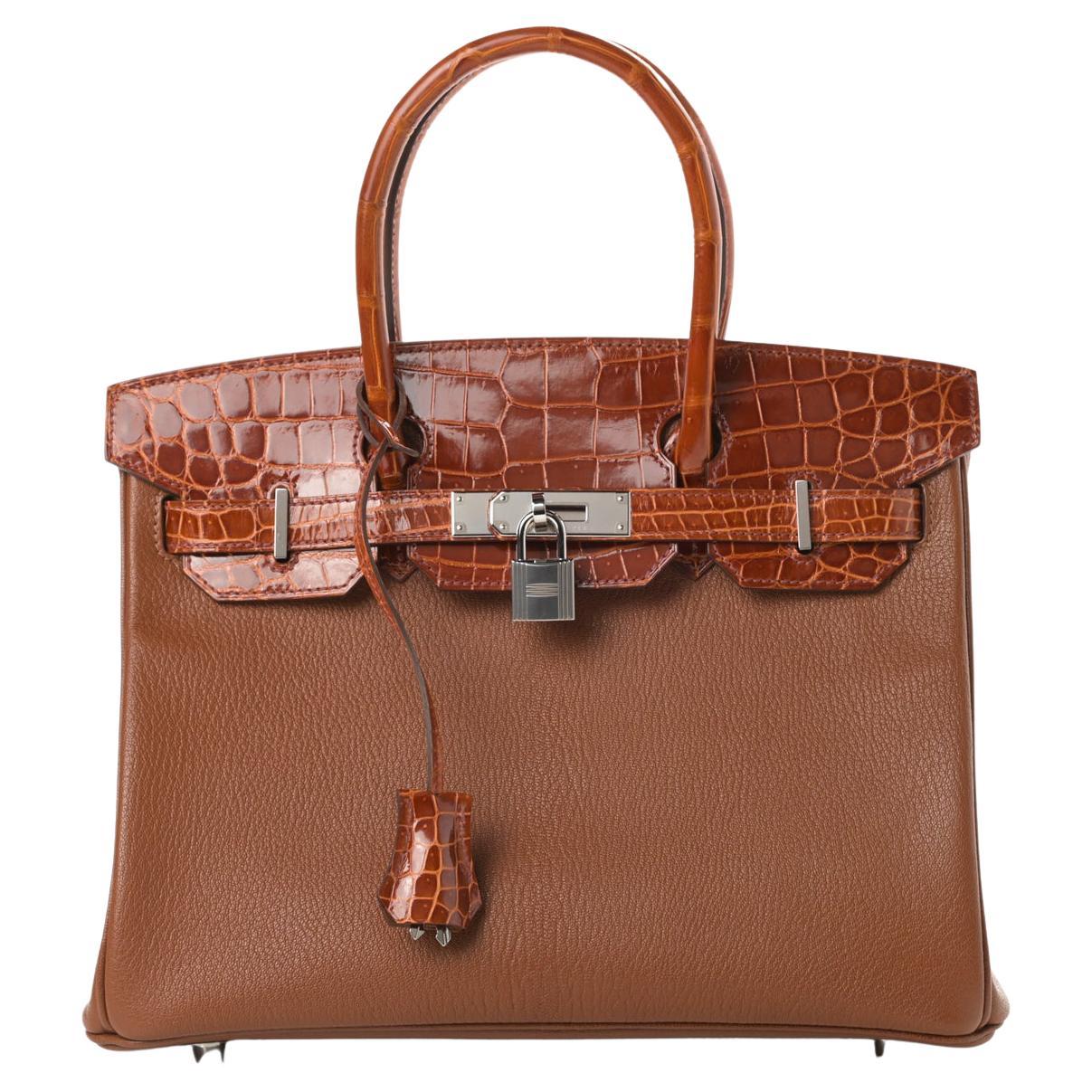 HERMES NEW Birkin 30 Touch Cognac Leather Crocodile Exotic Palladium Tote Bag