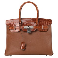 HERMES NEW Birkin 30 Touch Cognac Leather Crocodile Exotic Palladium Tote Bag