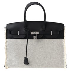 HERMES NEW Birkin 35 Fray Gray Toile Canvas Black Leather Palladium Tote Bag