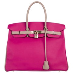Hermes NEW Birkin 35 Fuschia Gray Leather Carryall Top Handle Tote Bag in Box