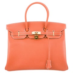 Hermes NEW Birkin 35 Orange Leather Gold Carryall Top Handle Tote Bag in Box