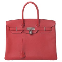 HERMES NEW Birkin 35 Red Epsom Leather Palladium Top Handle Tote Bag