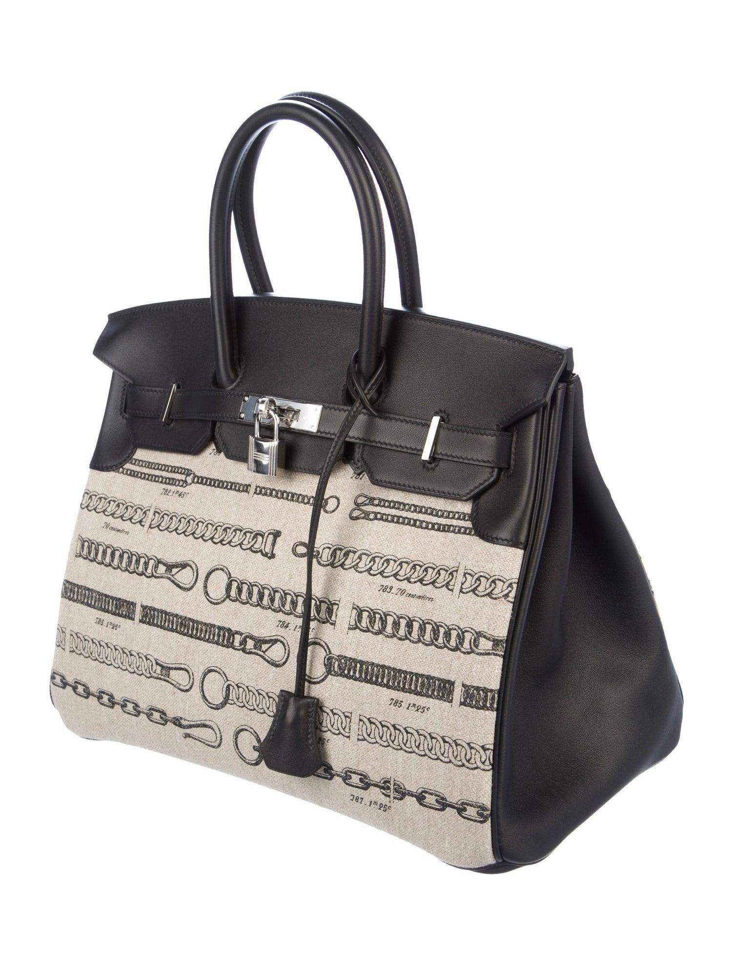 Women's Hermes NEW Birkin 35 Tan Toile Black Leather Top Handle Satchel Travel Tote Bag