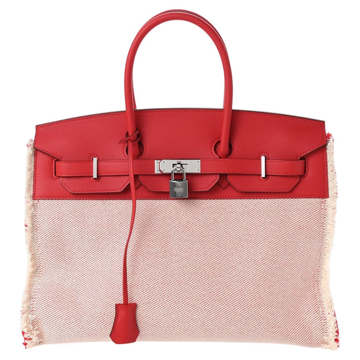 HERMÈS NEW Birkin 35 Tan Toile Swift Red Leather Fringe Top Handle Tote Bag