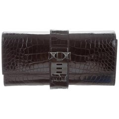 Hermes NEW Black Alligator Leather Buckle Evening Envelope Clutch Flap Bag