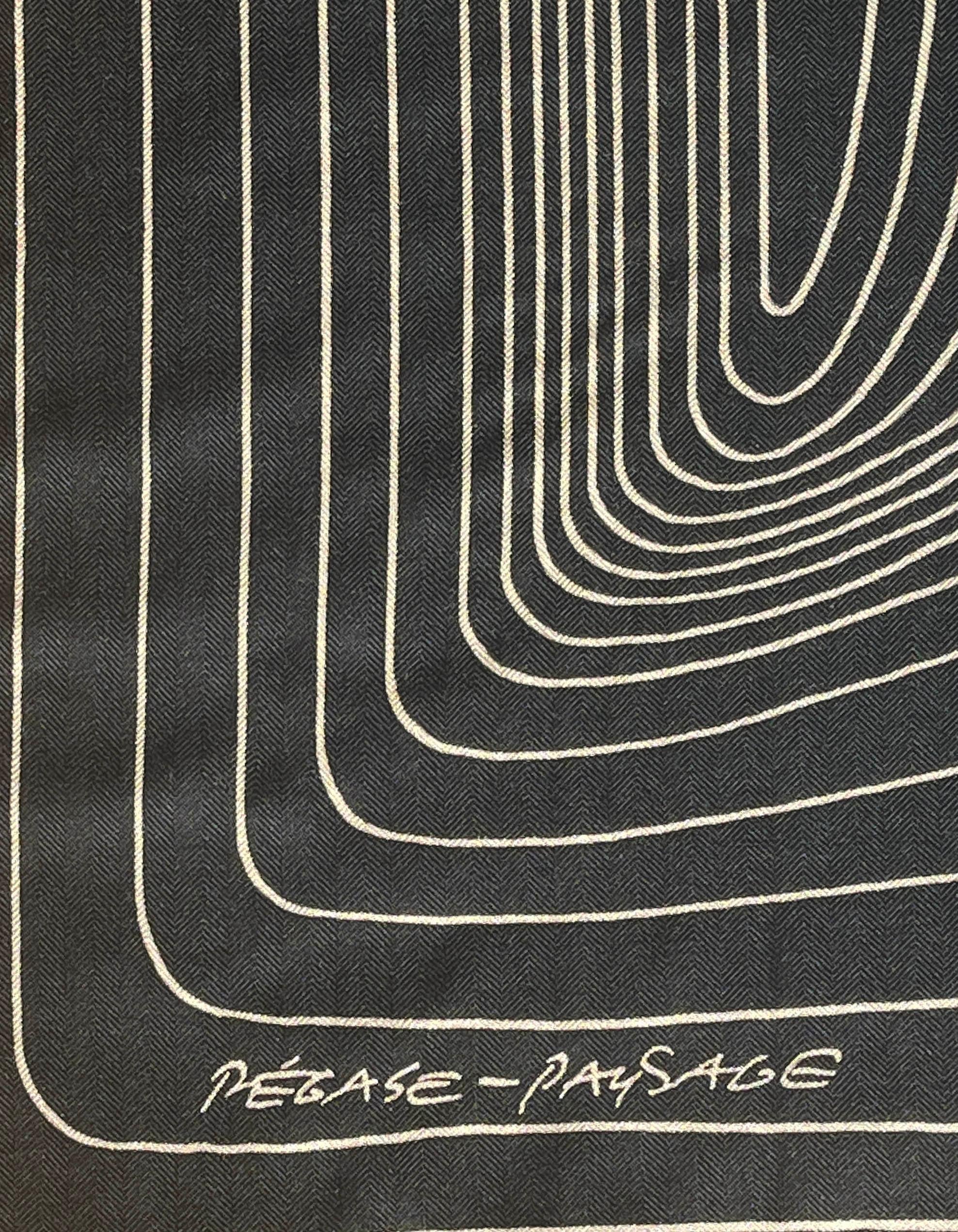 Hermes Black Beige Pegase Paysage 140 Silk Cashmere Shawl. Designed by Christian Renonciat.  Please note,  this item was purchased at a Hermes sale and the tag is stamped with an 
