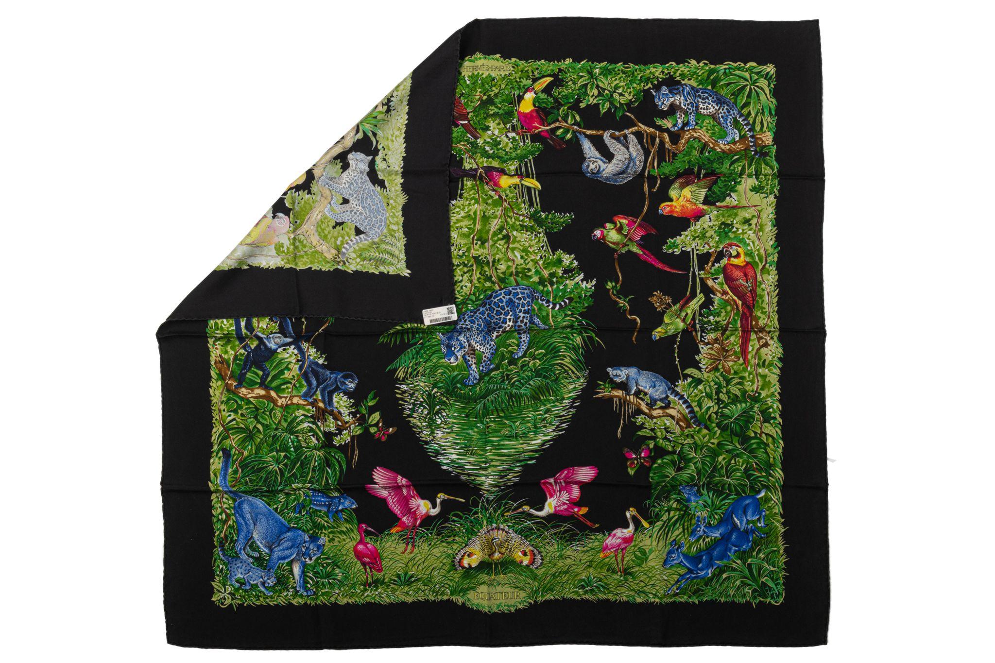 Hermès silk Equateur scarf designed by Robert Dallet. Black and green colorway with hand-rolled edges. Washed silk. Brand new.
