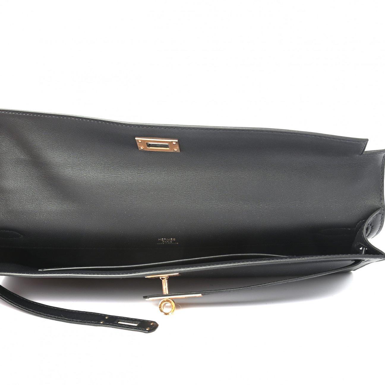 Women's HERMES Black Kelly Cut Swift Leather Gold  Pochette Evening Clutch Flap Bag