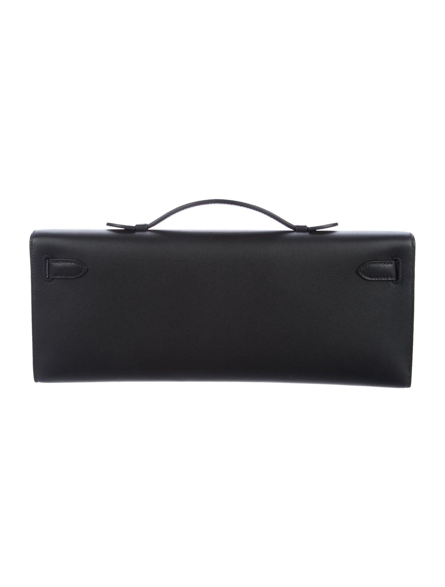 Hermes NEW Black Leather Gold Envelope Top Handle Kelly Evening Flap Clutch Bag in Box

Leather 
Gold-plated hardware
Leather lining
Turn-lock closure
Made in France
Date code present (2019)
Handle drop 0.50