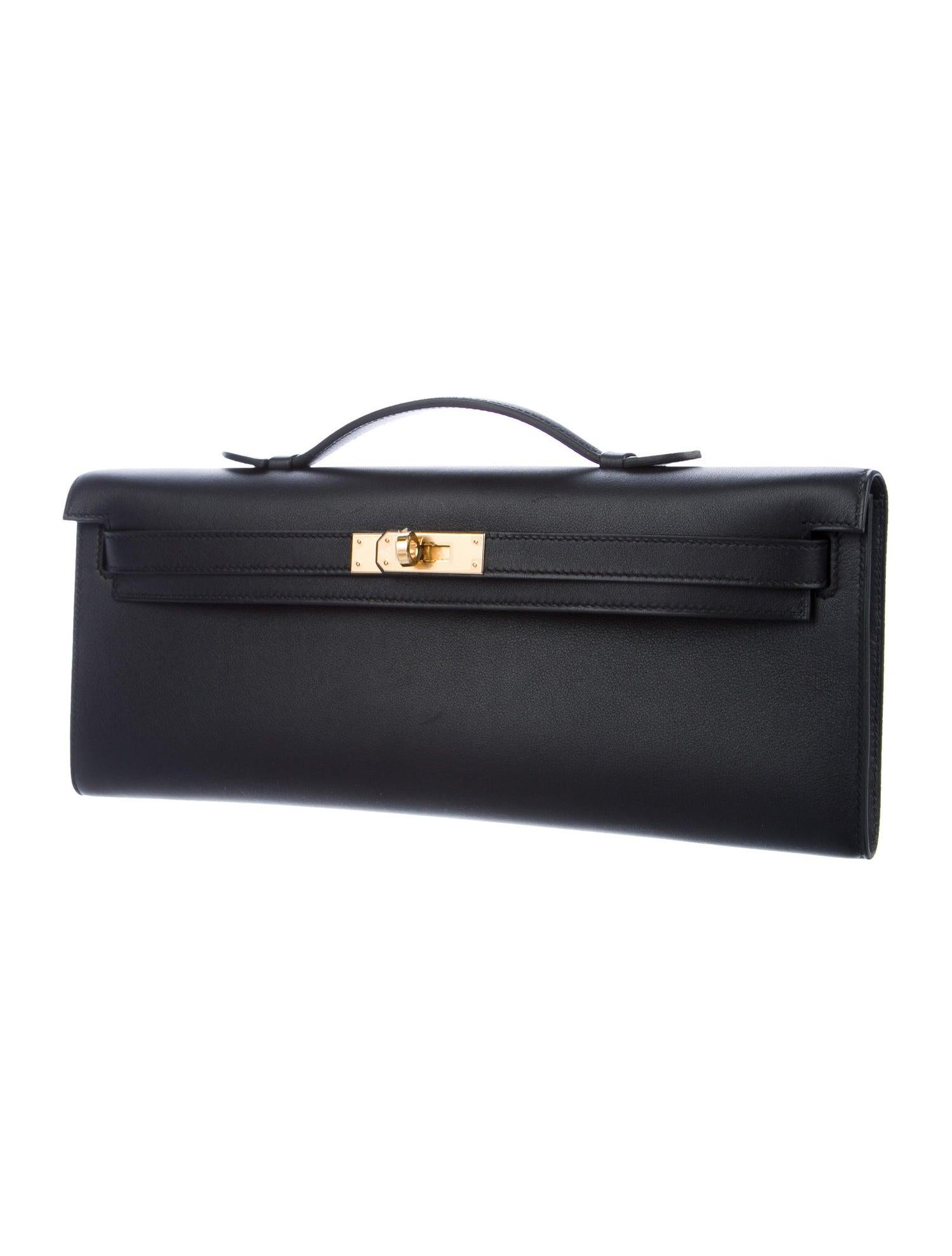 Women's Hermes NEW Black Leather Gold Envelope Kelly Evening Flap Clutch Bag in Box