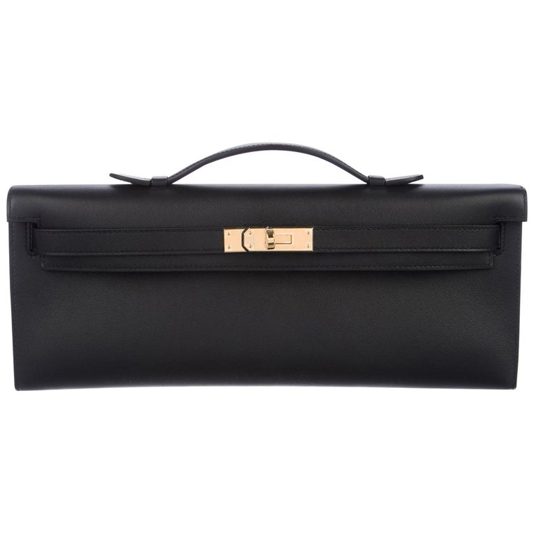 Hermes NEW Black Leather Gold Envelope Kelly Evening Flap Clutch Bag in