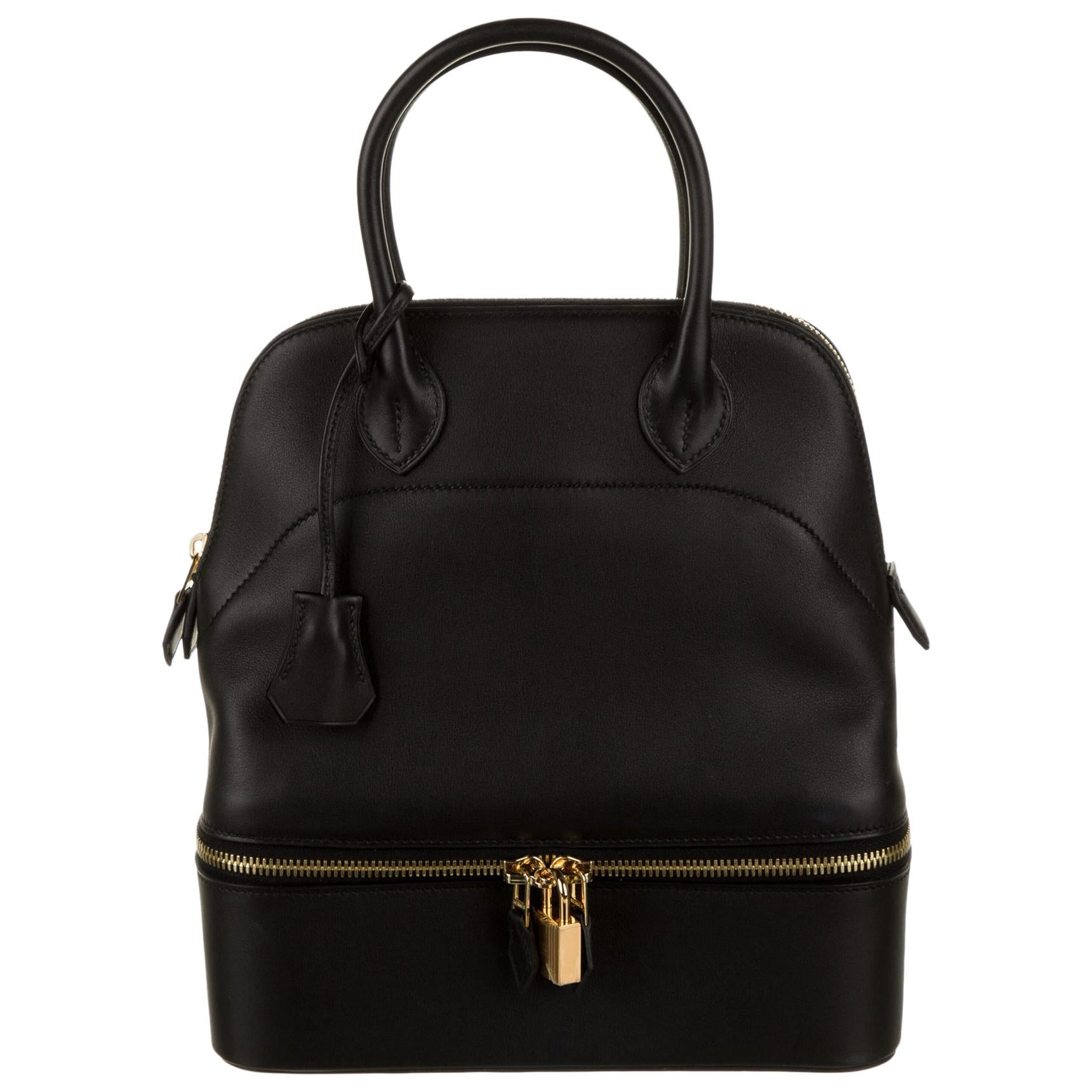 Hermes NEW Black Leather Gold Top Handle Satchel Men's Women's Travel Tote Bag
