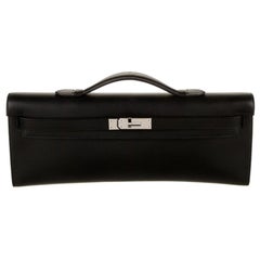 Hermes NEW Black Leather Palladium Kelly Evening Top Handle Clutch Bag in Box