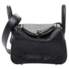 HERMES NEU Schwarze Mini Lindy 20 Straußen Exotische Palladium Umhängetasche