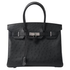 HERMES NEW Black Ostrich Exotic Leather Palladium Top Handle Tote Bag