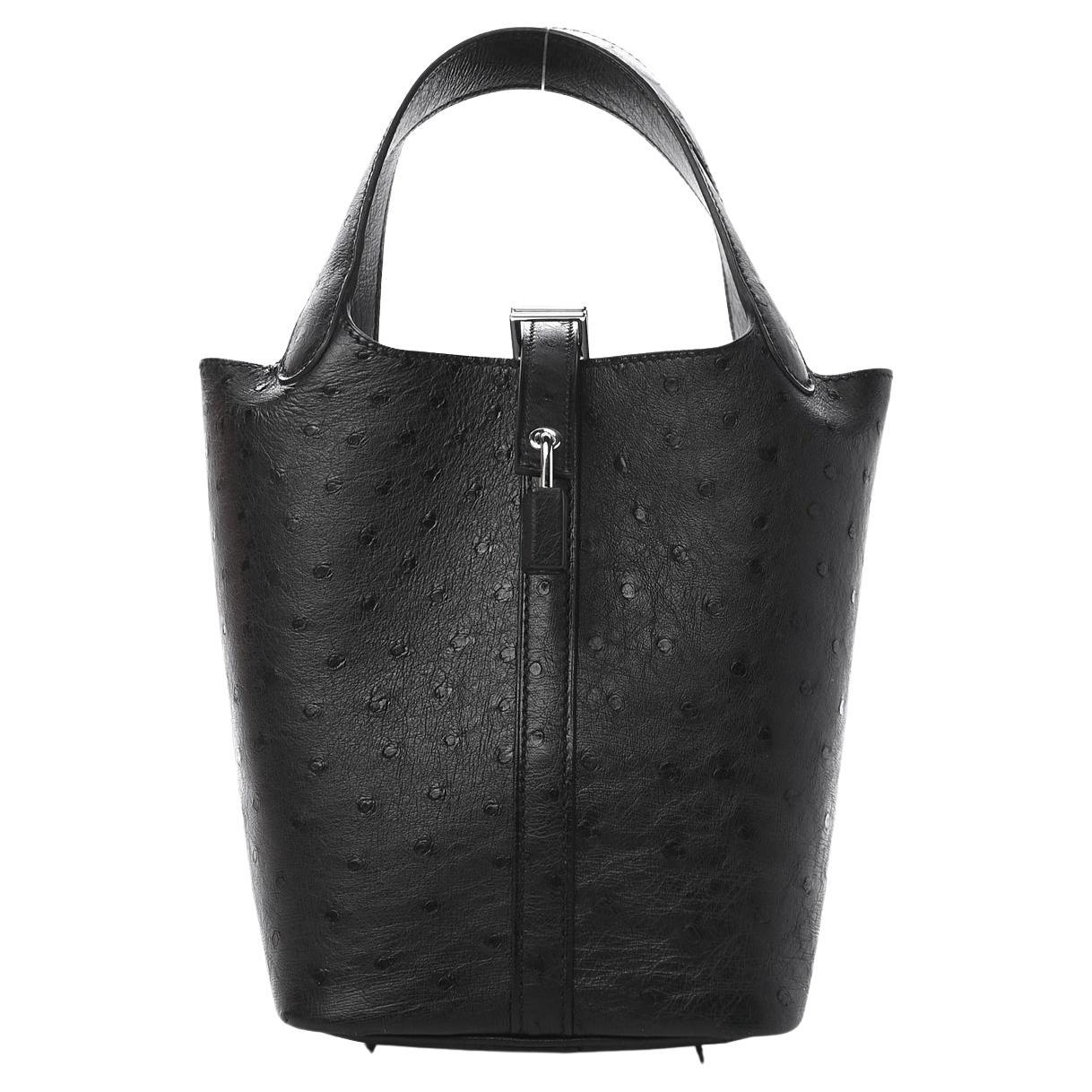 HERMES NEW Black Picotin 18 Ostrich Exotic Palladium Small Top Handle Tote Bag 