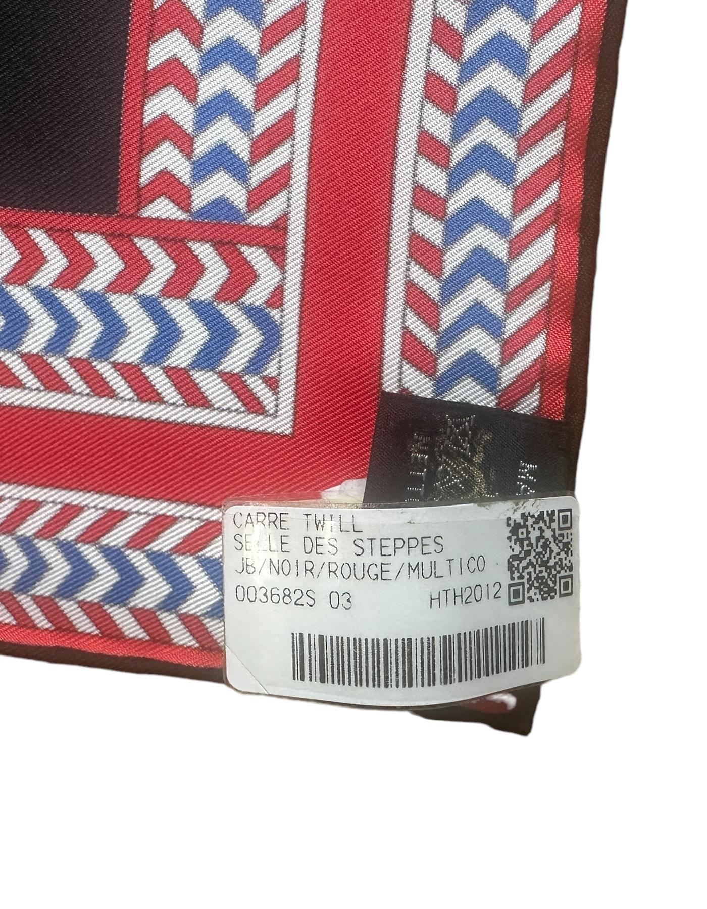 Hermes NEW Black/ Rouge/ Multicolor Selle Des Steppes 90cm Silk Scarf 2