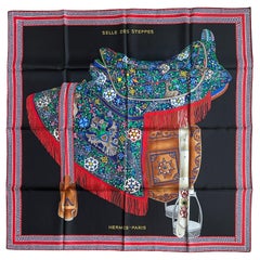 Hermes NEW Black/ Rouge/ Multicolor Selle Des Steppes 90cm Silk Scarf