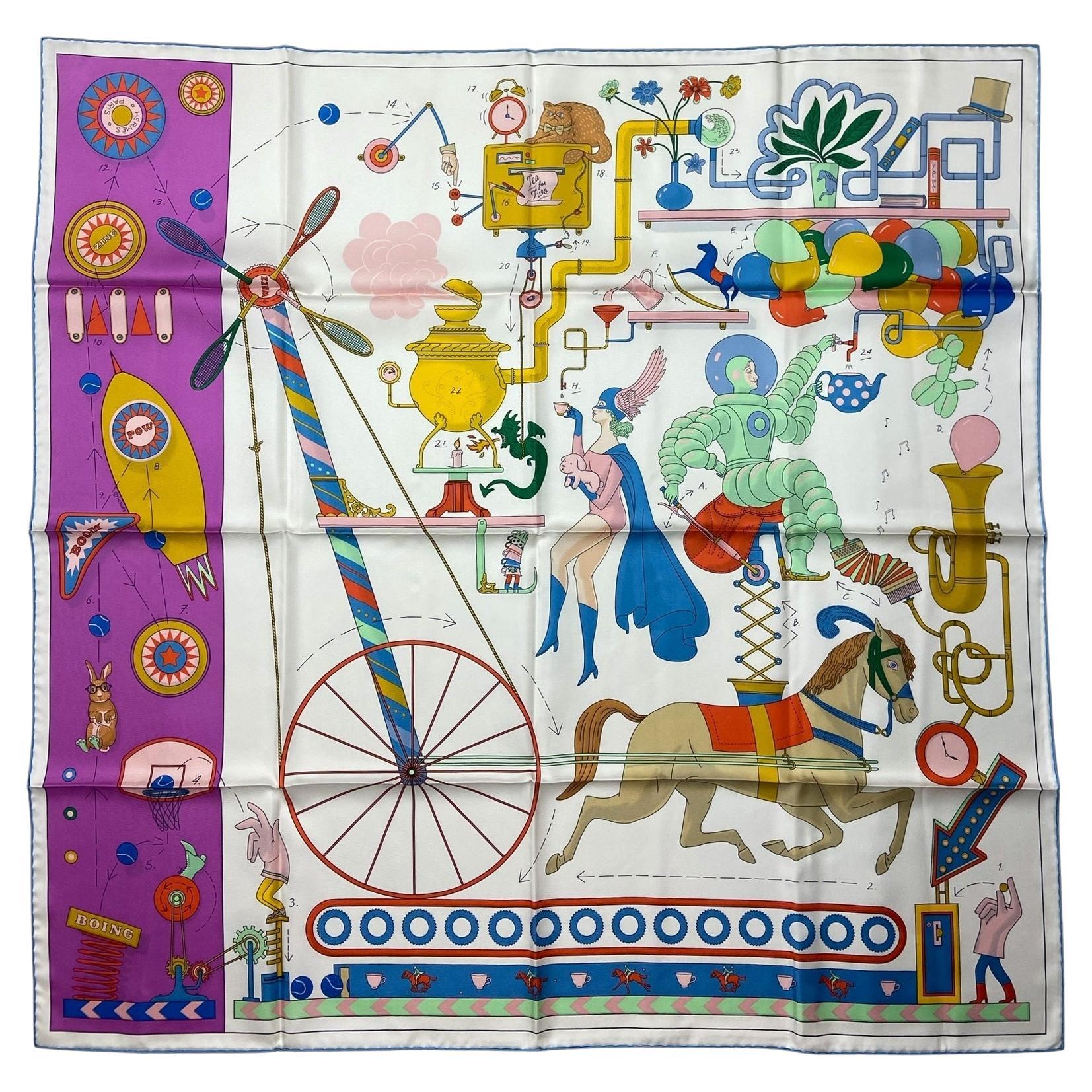 Hermes NEW Blanc/ Cyclamen Tea for Two 90cm Silk Scarf