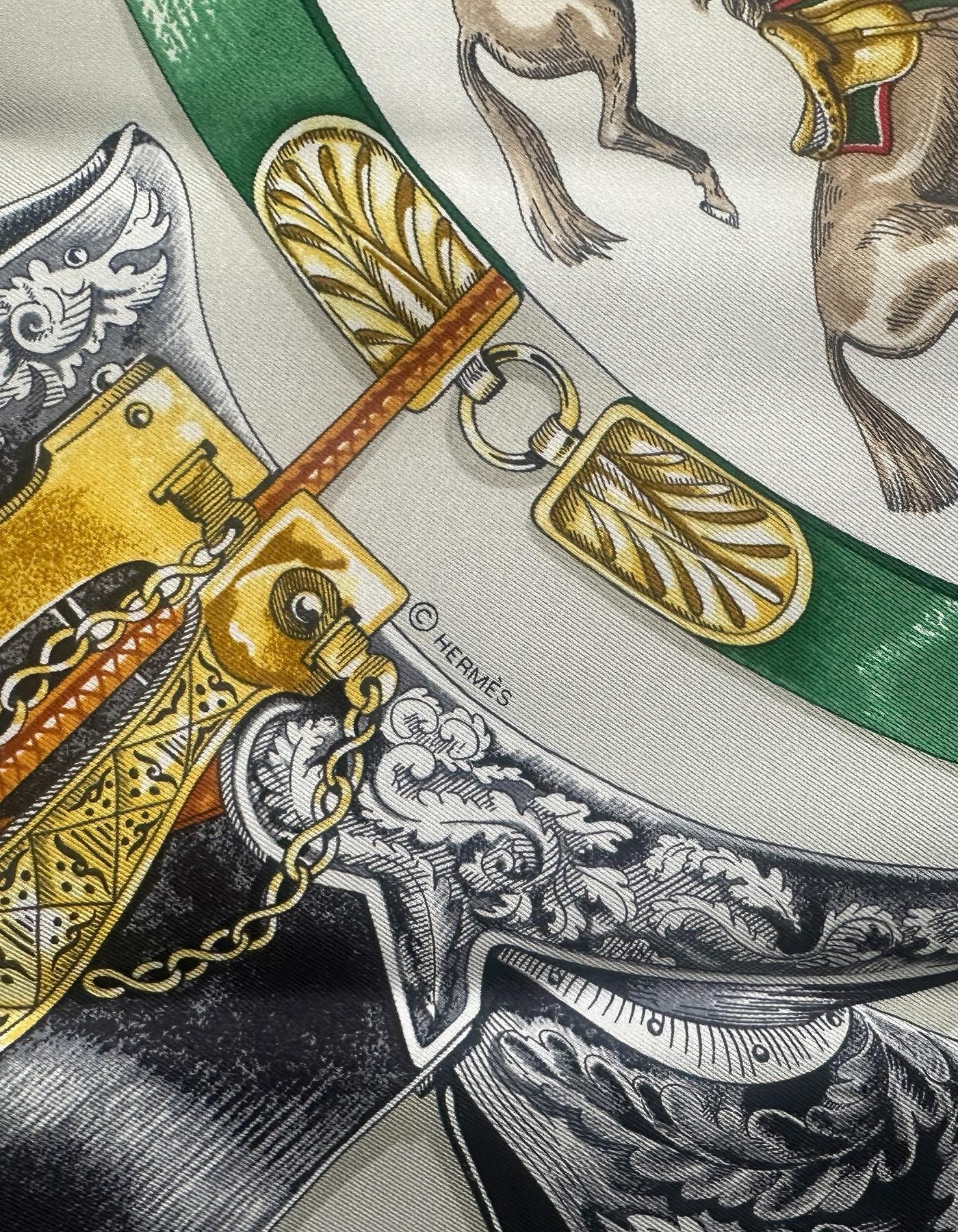 Hermes NEW Blanc/ Gris Perle Cavalcades 90cm Silk Scarf designed by Laurence Bourthoumieux

Made In: France
Color: Blanc/ Gris Perle
Materials: 100% Silk
Overall Condition: Excellent, like new
Includes: Hermes tag
Retail: $550 plus tax
Please note