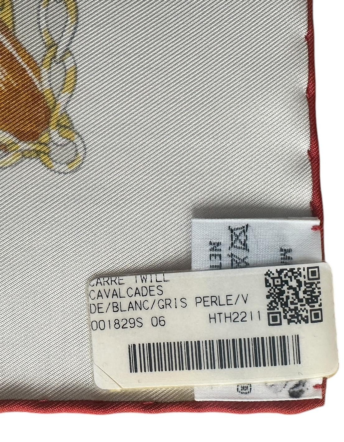 Women's Hermes NEW Blanc/Gris Perle Cavalcades 90cm Silk Scarf by Laurence Bourthoumieux For Sale